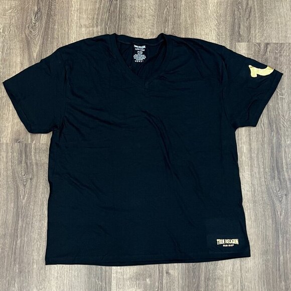 EUC True Religion Black V-Neck T-shirt Gold Logo Sz XL - Picture 8 of 8